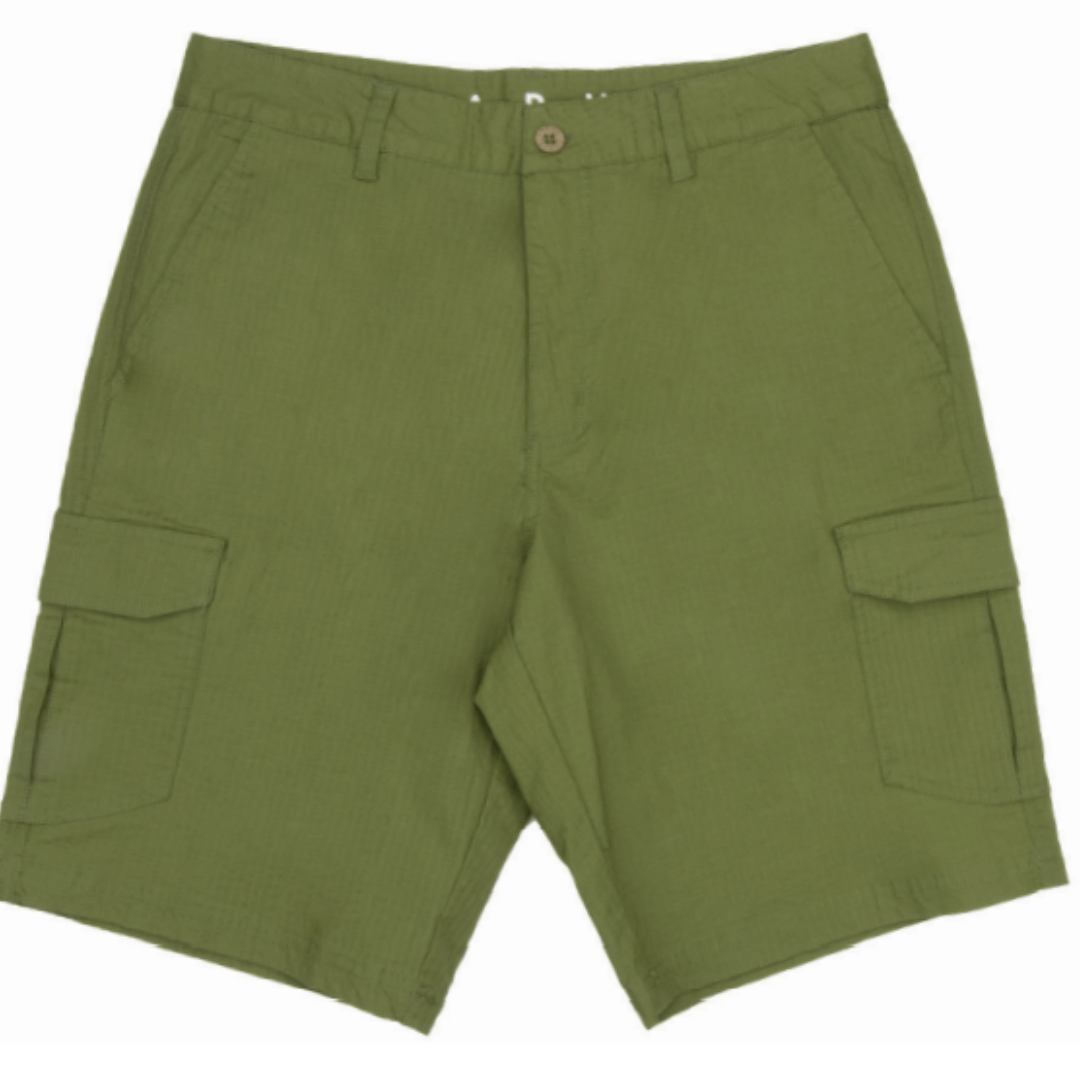 Stewarts Menswear Carve Surfwear Saltbush Cargo Shorts. Men's regular fit fitted waist short featuring button front with zip fly and 20" leg length, these Carve Saltbush Cargo Walk shorts are ideal for the man on the go.  With angled side pockets, back welt pocket and lower leg cargo pockets, there is plenty of room for all your accessories, such as car keys, wallet, passport etc. Perfect for a day out or for travelling. Colour is Olive.
