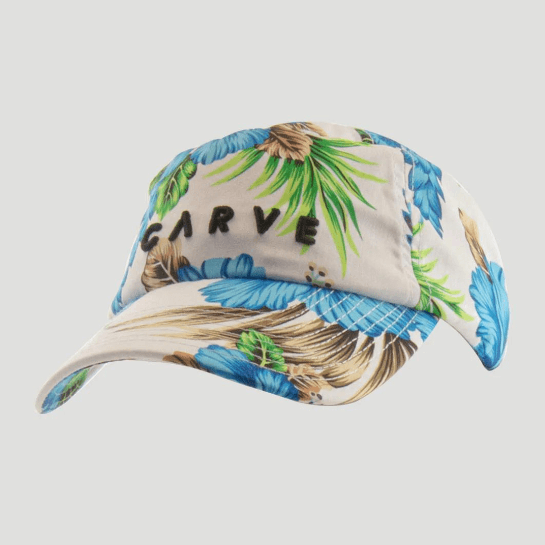 Fun, bright coloured curved peak cap for summer. Cyan floral print with green and brown leaves. Adjustable unisex cap.
