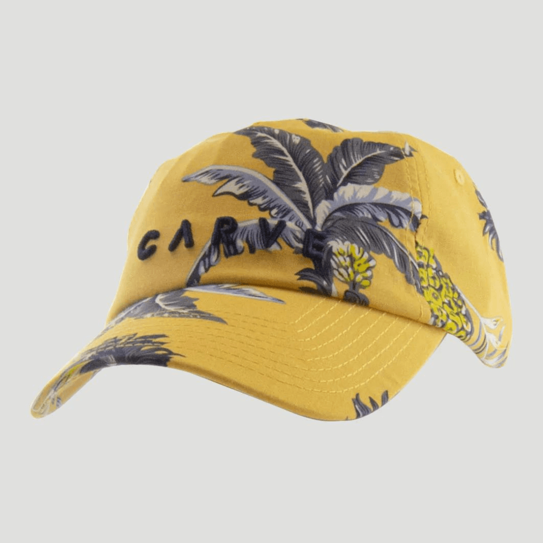 Fun, bright coloured curved peak cap for summer. Yellow cap with grey palm print. Adjustable unisex cap.