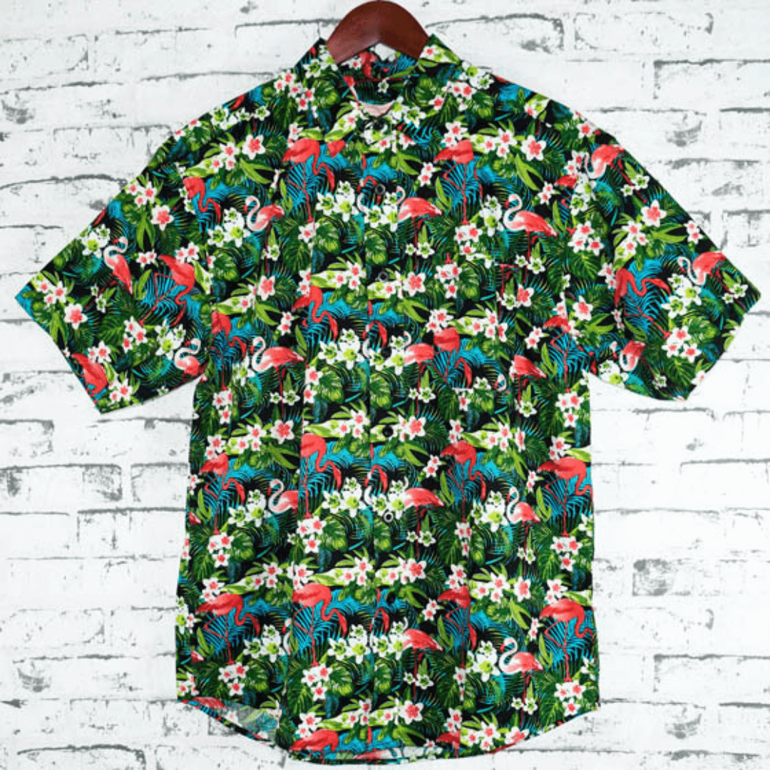 These Men's Hawaiian shirts are unlike the others you might have seen.  They are made from 100% cotton, not like the cheaper polyester versions.  Great for a summer party - cool, comfortable and funky!! Fun Flamingo with palm trees and flowers print.