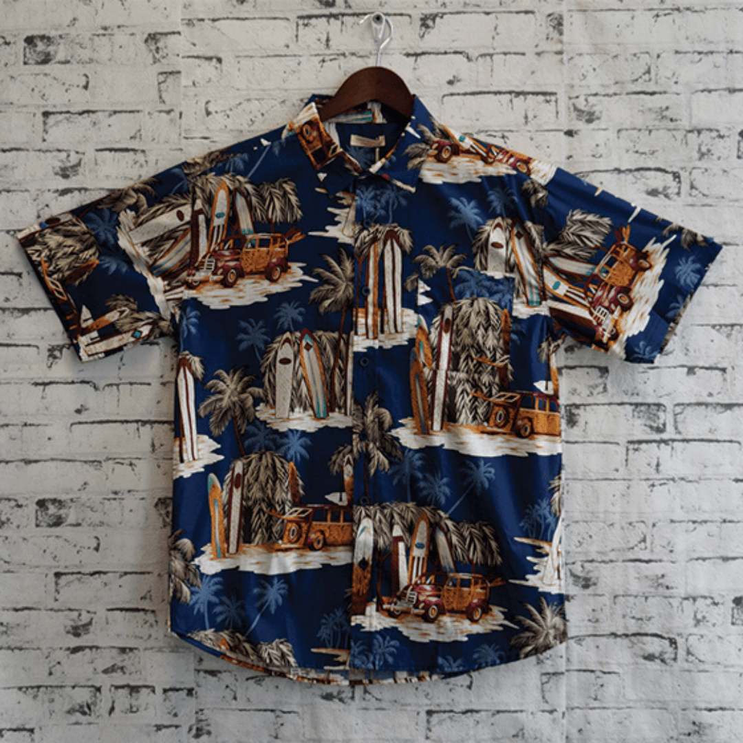 These Men's Hawaiian shirts are unlike the others you might have seen.  They are made from 100% cotton, not like the cheaper polyester versions.  Great for a summer party - cool, comfortable and funky!! Fun Vintage surfboard with "woodie" vintage car.