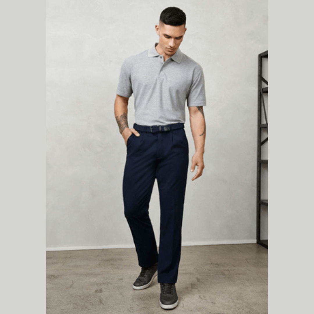 These Fashion Biz Detroit men's pants feature a single pleat front with double hip back pockets and fob pocket. Ideal for the workplace or for semi-formal occasions, the built in Biz Flexiband allows the waistband to flex for a perfect fit and maximum comfort. 72R - 102R  65% Polyester, 35% Viscose - Teflon® stain resistance fabric . Contact us if you'd like to order these pants in Navy.