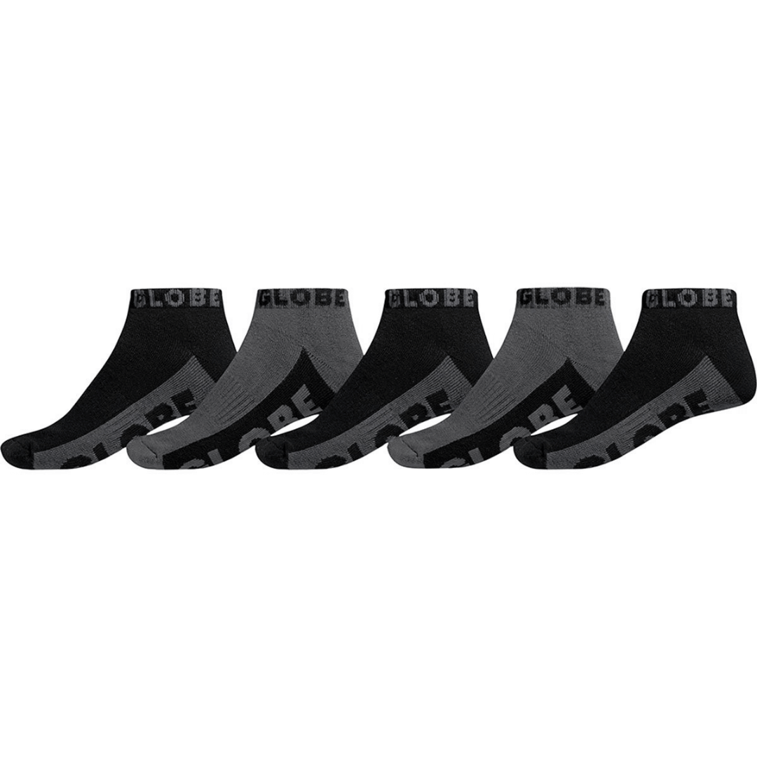 Stewart's Menswear Globe Ankle socks 5 pack. 75% Cotton socks.  Mixture of 3 x black and 2 x grey socks with GLOBE printed in alternate colour.