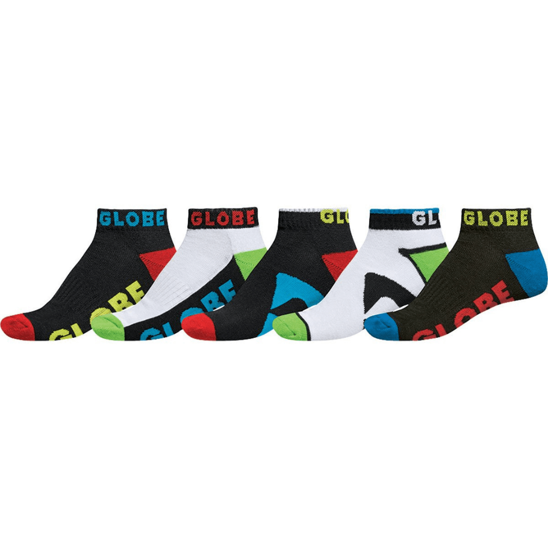 Stewart's Menswear Globe Ankle socks 5 pack. 75% Cotton socks. Globe destroyer socks available in youth size only. Mixture of 3 x black and 2 x white socks with GLOBE printed in bright colours plus bright coloured heel/toe.