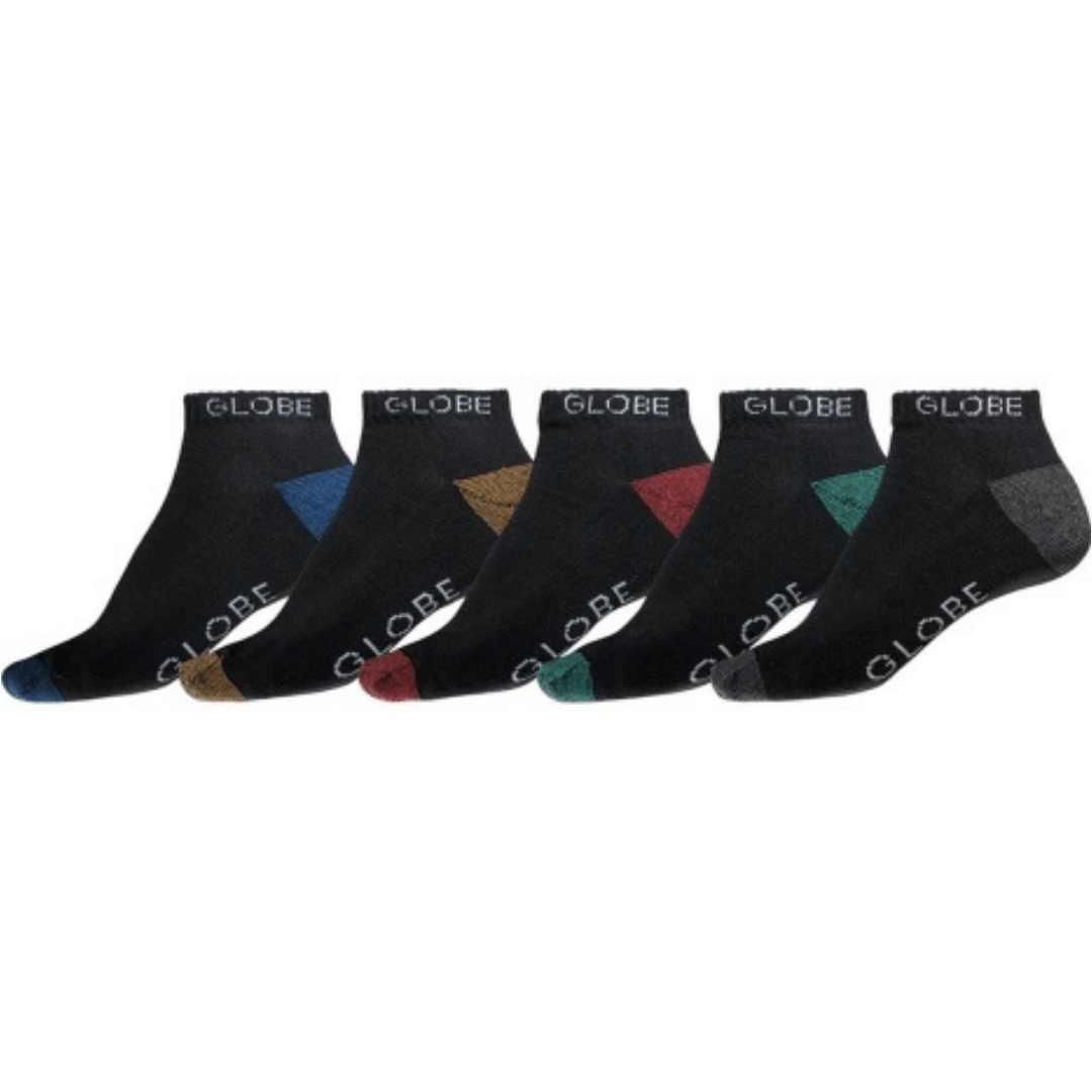 Stewart's Menswear Globe Ankle socks 5 pack. 75% Cotton socks.  Globe ingles ankle socks. 5 x black ankle socks with different coloured heel/toe on each pair. Globe written in white around top of socks.
