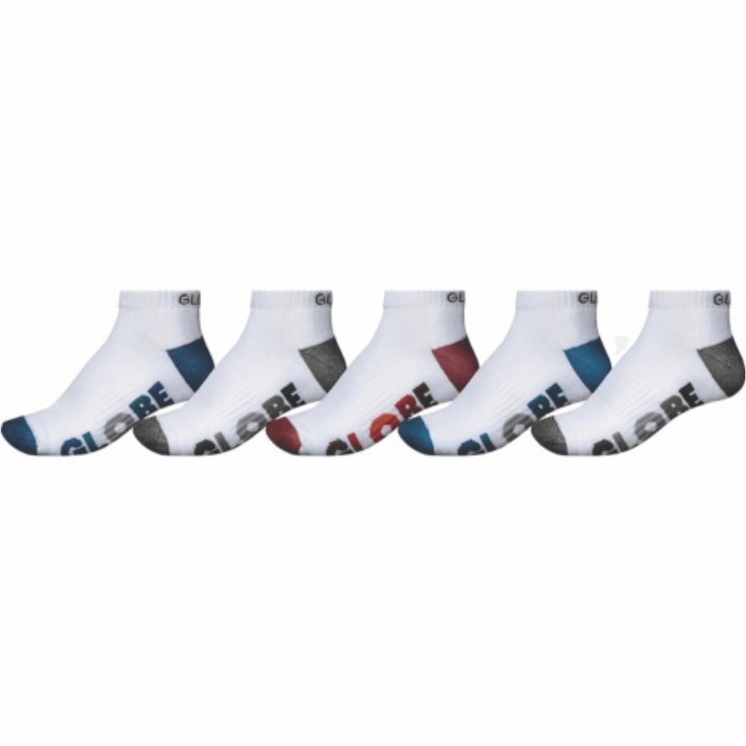 Stewart's Menswear Globe Ankle socks 5 pack. 75% Cotton socks.  Globe multi stripe socks. 5 x white ankle socks with GLOBE written in different colour on each pair and matching heel/toe colour.