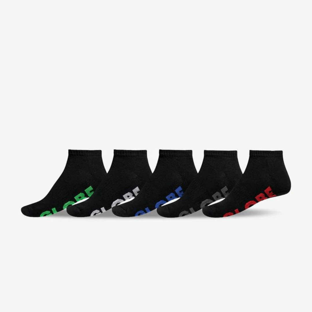 75% Cotton socks. Globe ankle socks 5 pack. Black socks with GLOBE printed in different colour on sole of each pair of socks.