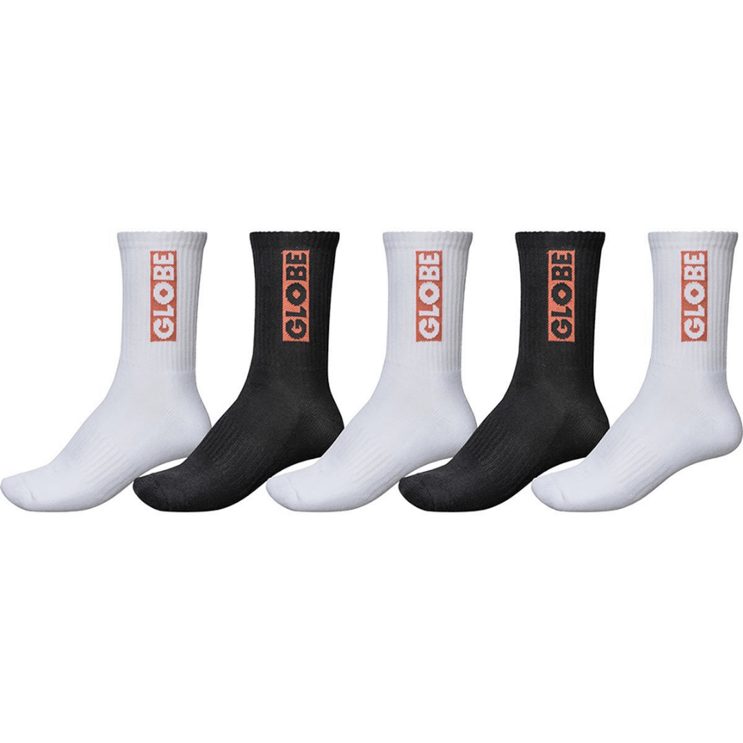 Stewart's Menswear Globe Crew Socks 5 pack. 75% Cotton socks.  Globe bar socks. Mixture of 2 x black and 3 x white socks in pack with red Globe logo on side.