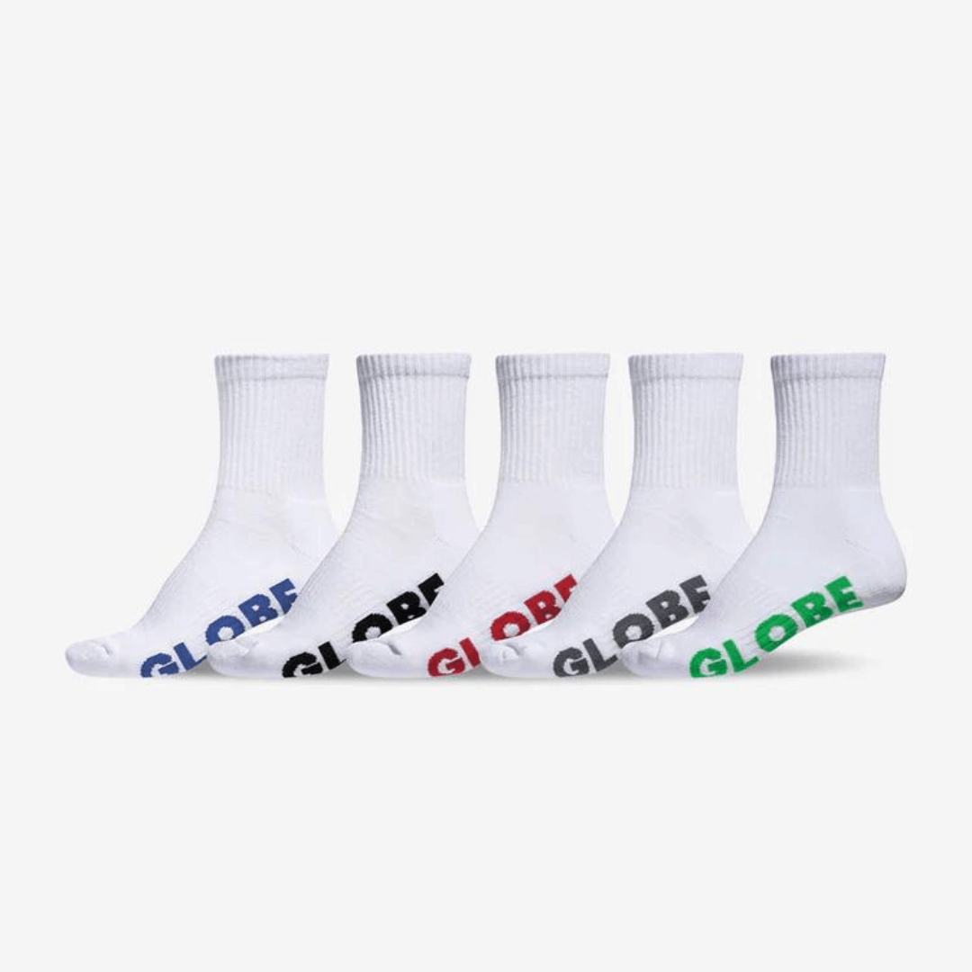 Stewart's Menswear Globe Crew Socks 5 pack. 75% Cotton socks.  Globe stealth socks. 5 x white crew socks with GLOBE written in different colour on the sole of each pair.