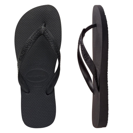 Overhead view of a pair of Havaiana Top thongs. Footbed, straps and logo are all coloured black.