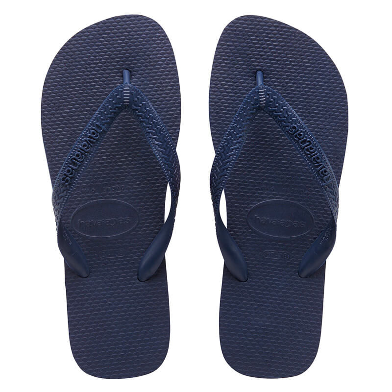 Overhead view of a pair of Havaiana Top thongs. Footbed, straps and logo are all coloured Navy.