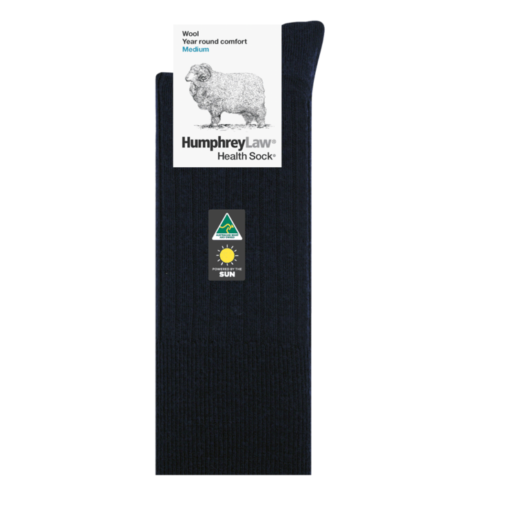 Display photo of Humphrey Law Australian Made socks. 95% Wool Health Sock. Colour is Navy.