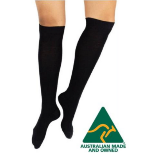 Humphrey Law Australian Made socks. 77% Baby Alpaca Blend Knee High. Colour is black.