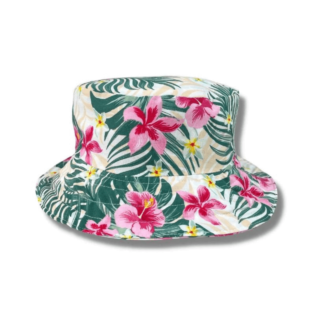 Stewarts Menswear Jimmy Stuart Australian made bucket hat ALOHA. This Australian Made Bucket hat is made from high-quality cotton fabric. The ultimate Aussie year round essential. Perfect for a gift, hanging with your mates, chilling by the beach or a tropical getaway! Australian made. One size fits all. Green leaf background with pink hibiscus and white/yellow frangipani print.
