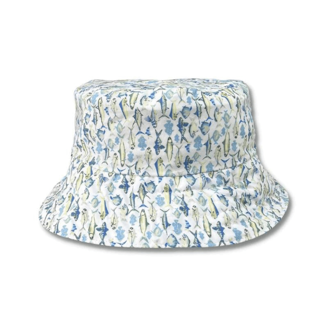 Stewarts Menswear Jimmy Stuart Australian made bucket hat FISH. This Australian Made Bucket hat is made from high-quality cotton fabric. The ultimate Aussie year round essential. Perfect for a gift, hanging with your mates, chilling by the beach or a tropical getaway! Australian made. One size fits all. White background with all-over blue/grey/cream tone fish print.