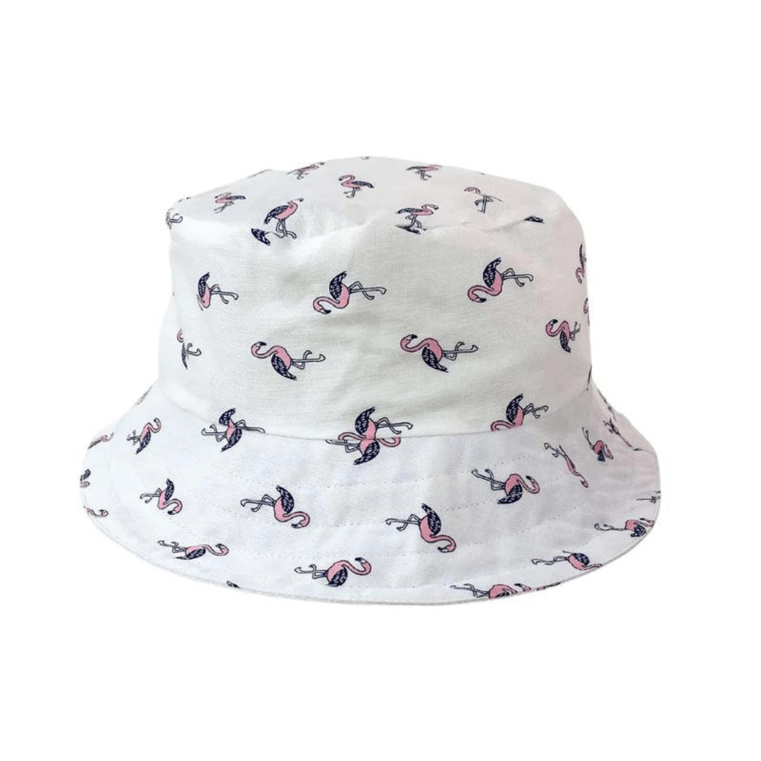 Stewarts Menswear Jimmy Stuart Australian made bucket hat LEGS. This Australian Made Bucket hat is made from high-quality cotton fabric. The ultimate Aussie year round essential. Perfect for a gift, hanging with your mates, chilling by the beach or a tropical getaway! Australian made. One size fits all. White background with pink flamingo allover print.