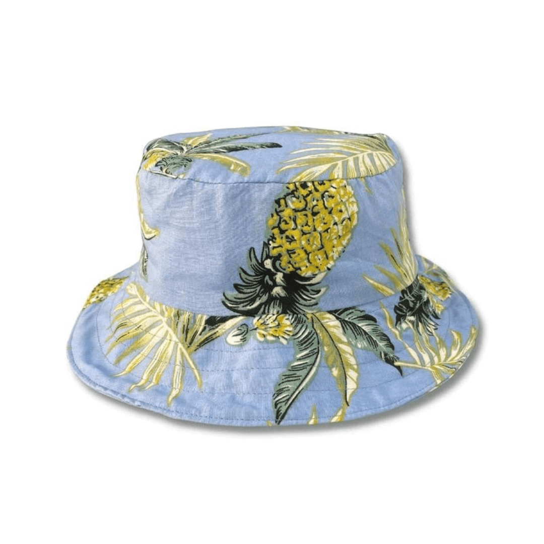 Stewarts Menswear Jimmy Stuart Australian made bucket hat PINA COLADA. This Australian Made Bucket hat is made from high-quality cotton fabric. The ultimate Aussie year round essential. Perfect for a gift, hanging with your mates, chilling by the beach or a tropical getaway! Australian made. One size fits all.  Light Blue background with yellow pineapple print.