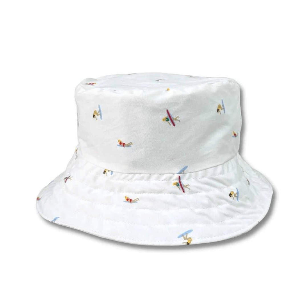 Stewarts Menswear Jimmy Stuart Australian made bucket hat SURFER. This Australian Made Bucket hat is made from high-quality cotton fabric. The ultimate Aussie year round essential. Perfect for a gift, hanging with your mates, chilling by the beach or a tropical getaway! Australian made. One size fits all. White background with small surfer print all over.