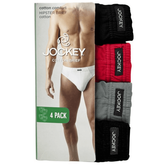 Stewart's Menswear Jockey Men's Briefs 4 pack. Jockey 4-pack cotton briefs are made with breathable cotton jersey, perfect for everyday wear and all-day comfort. Featuring a tunnel elastic waistband which is soft against your skin and a double layer pouch for comfort and support. The 4-pack makes them great value and perfect for stocking up on essentials.