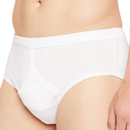 Stewart's Menswear Jockey men's comfort rib briefs (white). The Jockey Y-front comfort rib brief is a classic style with low cut waist.  Made from cotton, the brief breathes naturally ensuring all day comfort.  White men's underwear can be hard to find, but this is a classic jockey style perfect to wear under white garments.   