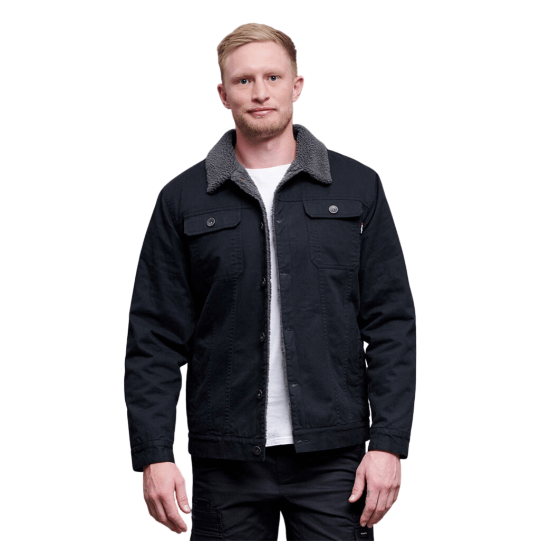 Stewarts Menswear King Gee Urban Jacket. Keep warm in the King Gee Urban Jacket. The outer jacket is made from cotton with a warm polyester fleece inner. You can safely store your valuables in the two secure chest pockets with button closure and there are two side pockets for extra storage. The cuffs feature a button closure to ensure a secure fit. Model is wearing Black King Gee Urban Jacket.