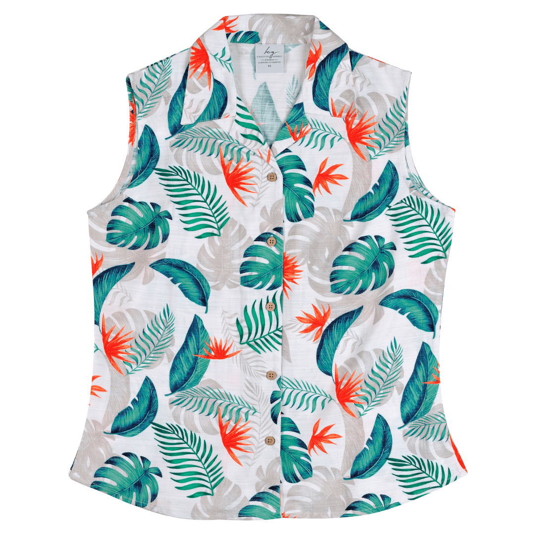 When it comes to keeping cool in summer, these ladies sleeveless bamboo shirts are the perfect solution. Bamboo is a luxurious, light, breathable fabric which is so comfortable to wear. Ladies bamboo sleeveless top. Colour is Tahiti, an island inspired print on a white background. Aqua and bright coral leaves printed.