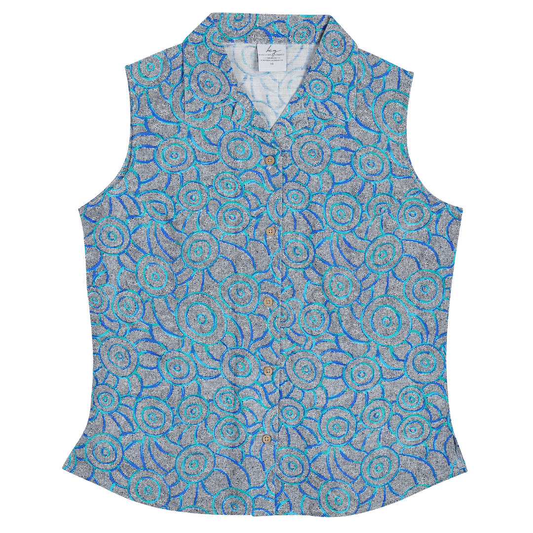 When it comes to keeping cool in summer, these ladies sleeveless bamboo shirts are the perfect solution. Bamboo is a luxurious, light, breathable fabric which is so comfortable to wear. Ladies sleeveless bamboo top. Colour is Bush POssum, an indigenous print featuring aqua and blue circles with grey dots.