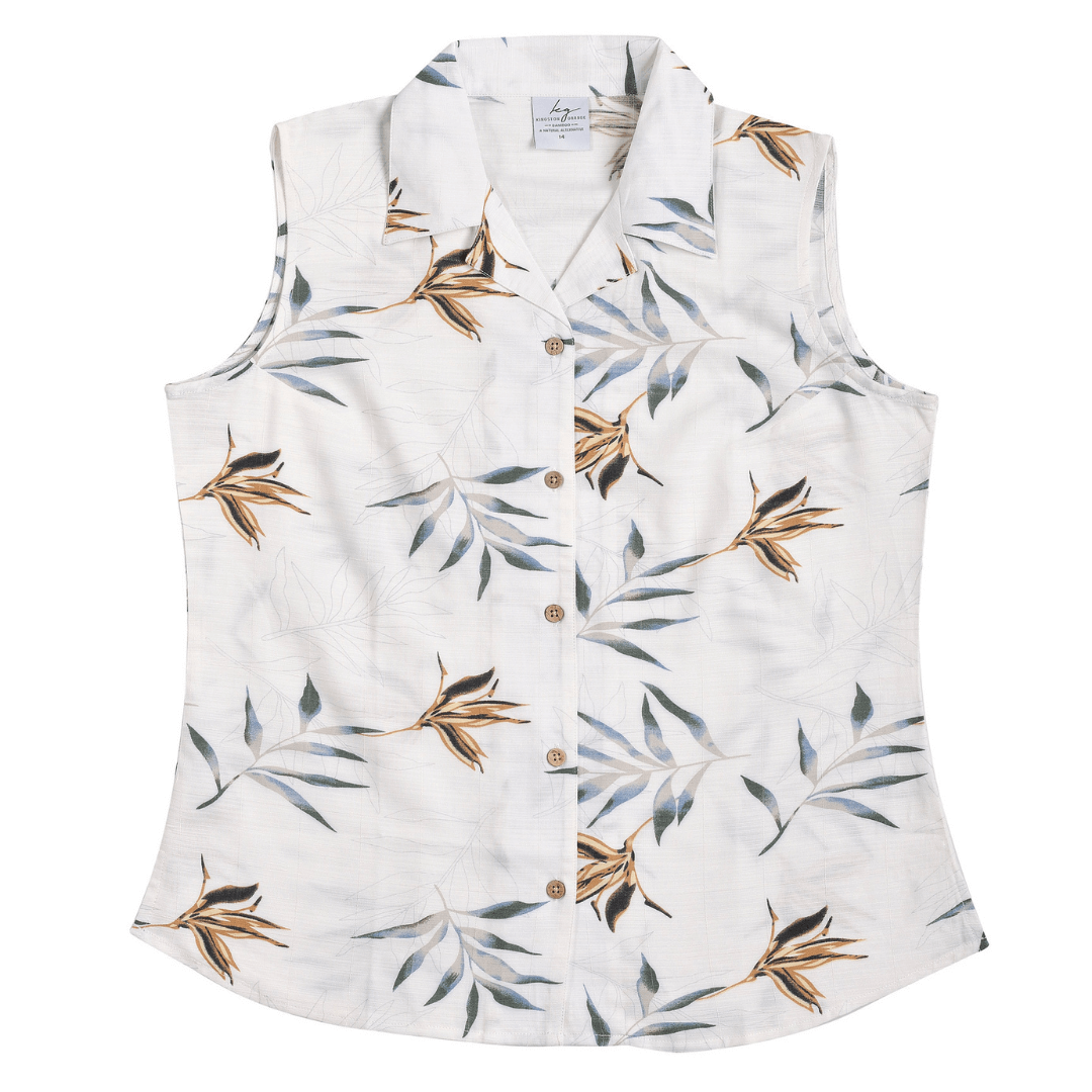 When it comes to keeping cool in summer, these ladies sleeveless bamboo shirts are the perfect solution. Bamboo is a luxurious, light, breathable fabric which is so comfortable to wear. Ladies bamboo sleeveless top. Colour is Fern - white with brown/grey/blue leaves printed.