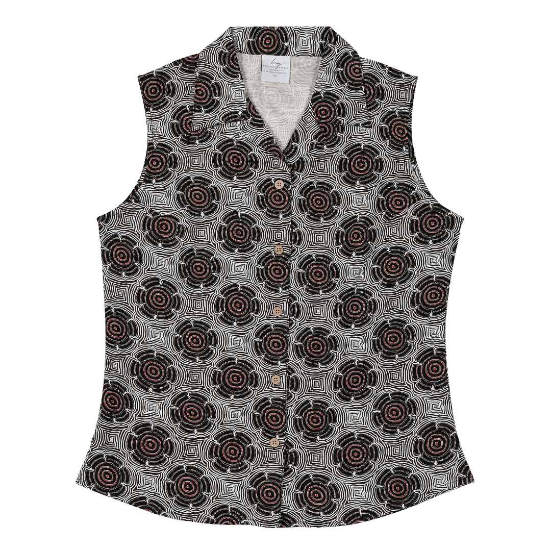 When it comes to keeping cool in summer, these ladies sleeveless bamboo shirts are the perfect solution. Bamboo is a luxurious, light, breathable fabric which is so comfortable to wear. Ladies Bamboo sleeveless top. Colour is Flying Ant - Indigenous print featuring circles and dots with colouring of rusty browns, black and grey.