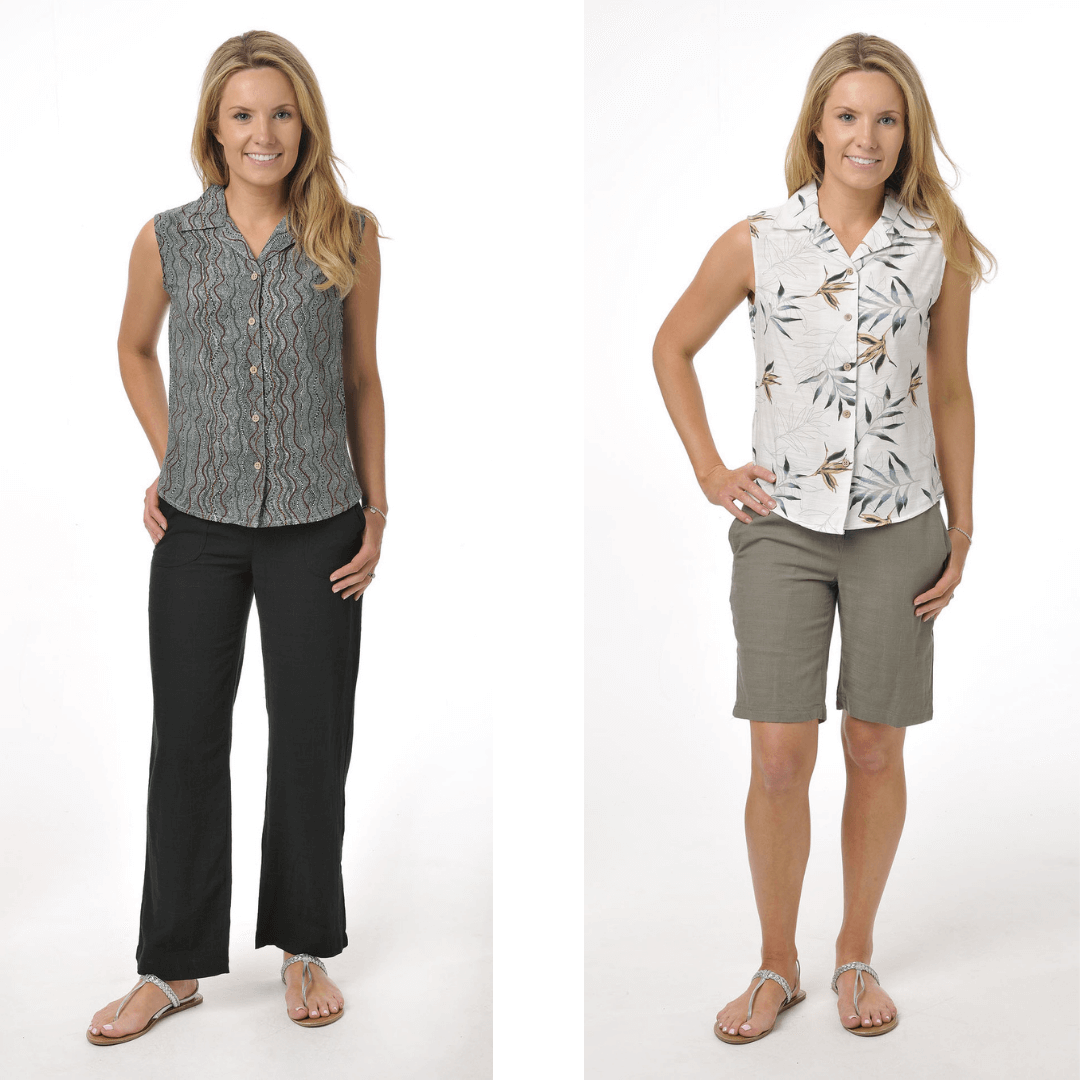 When it comes to keeping cool in summer, these ladies sleeveless bamboo shirts are the perfect solution. Bamboo is a luxurious, light, breathable fabric which is so comfortable to wear. Split image of 2 ladies - one wearing sleeveless bamboo top with long pants, the other wearing bamboo sleeveless top with shorts.