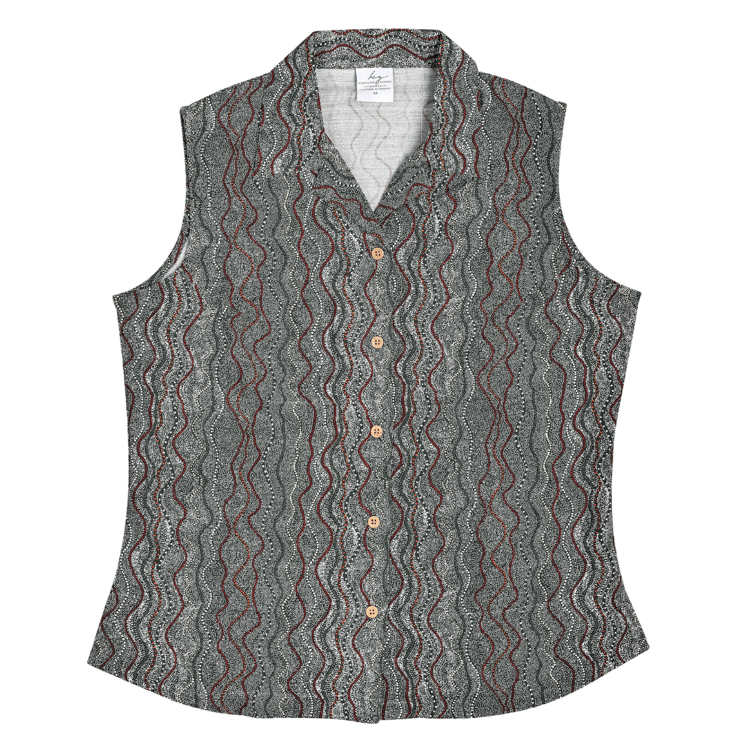When it comes to keeping cool in summer, these ladies sleeveless bamboo shirts are the perfect solution. Bamboo is a luxurious, light, breathable fabric which is so comfortable to wear. Ladies bamboo sleeveless top. Colour is Seed Dreaming, an indigenous dot print featuring colours of khaki, maroon, white, cream.