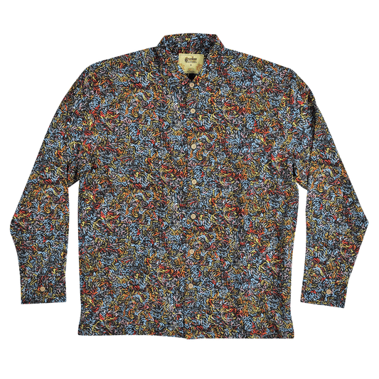 Stewart's Menswear Kingston Grange Bamboo Dreaming long sleeve shirt. Made from 65% bamboo fibre and 35% Cotton. These shirts are not only lightweight, but also incredibly cool and comfortable to wear.  Each shirt features a print designed by the Aboriginal artists of the Warlukurlangu Artists Aboriginal Corporation and a portion of each sale is given back to their Communities.   Print is Skinny Bush Banana which is an all over aboriginal brush stroke print in many vibrant colours.