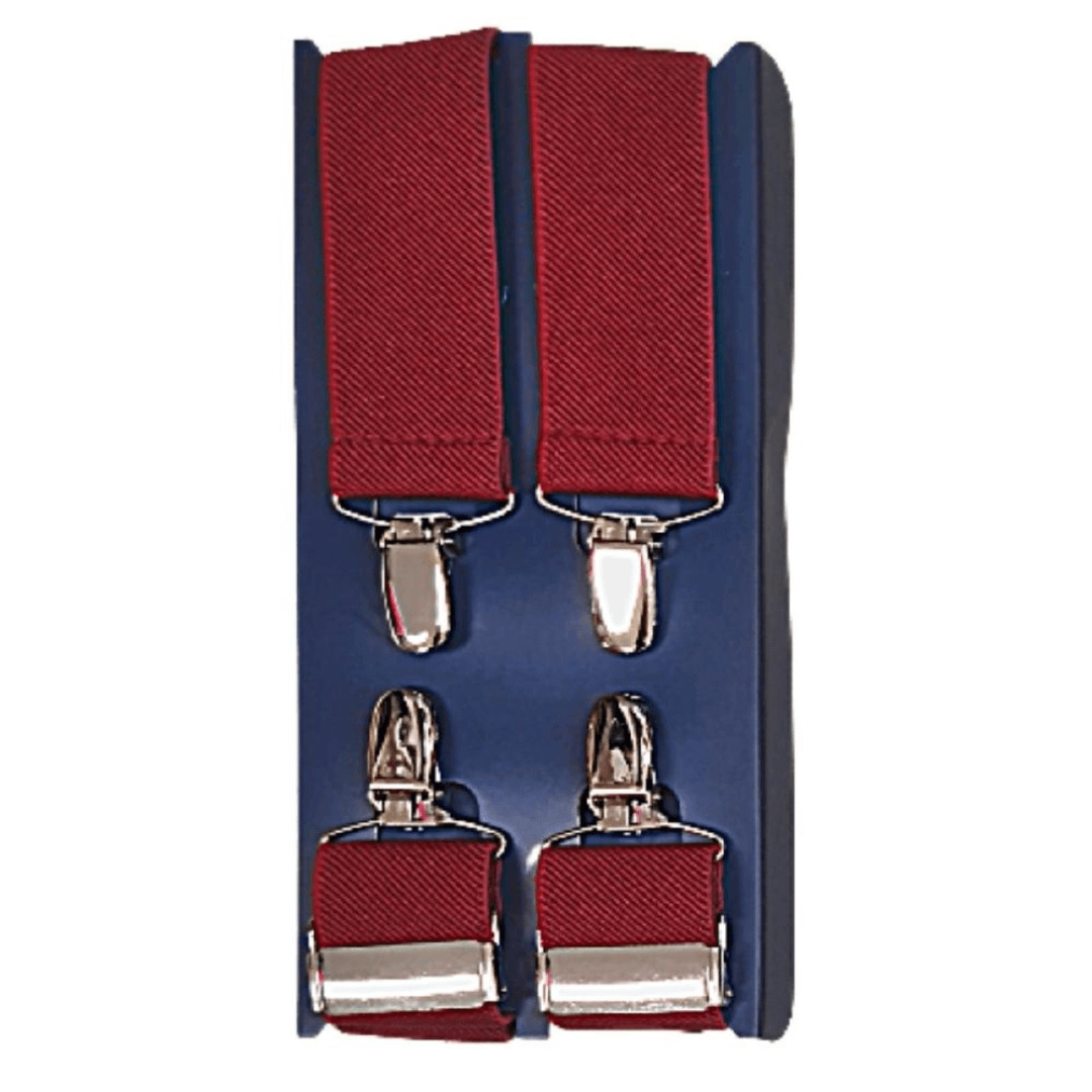These braces have been designed with a X back, to hold up your trousers unlike the old fashioned Y back braces which pull up your pants from the middle causing discomfort. Braces are 35mm wide and are made with extra strong metal and using a strong elastic webbing material. 4 way braces are the perfect final touch to a suit or smart outfit for formals and weddings or simply just for everyday functionality. Colour is plain burgundy.