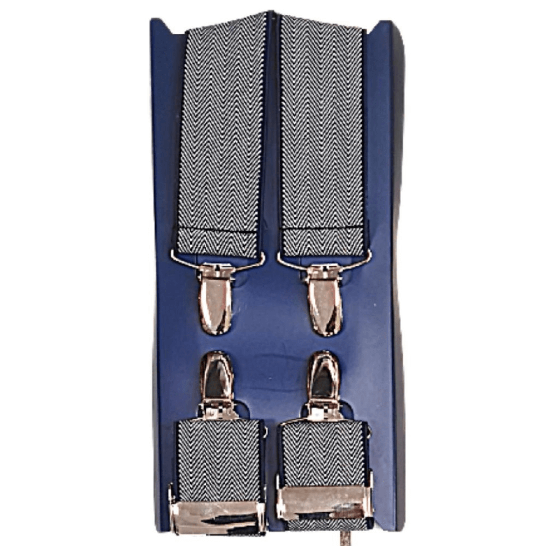 These braces have been designed with a X back, to hold up your trousers unlike the old fashioned Y back braces which pull up your pants from the middle causing discomfort. Braces are 35mm wide and are made with extra strong metal and using a strong elastic webbing material. 4 way braces are the perfect final touch to a suit or smart outfit for formals and weddings or simply just for everyday functionality. Black and white all-over zigzag pattern. Described as charcoal colour.