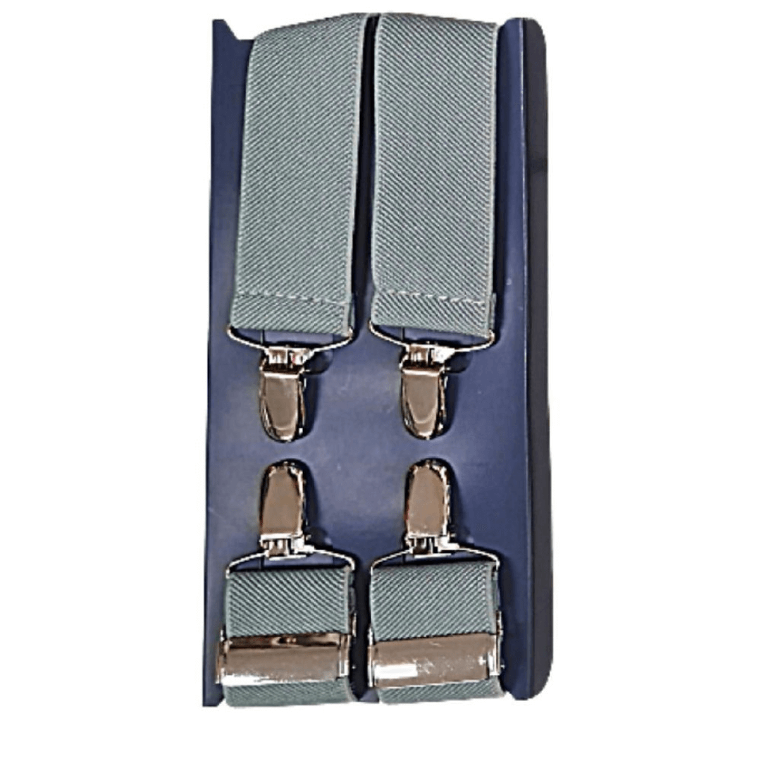 These braces have been designed with a X back, to hold up your trousers unlike the old fashioned Y back braces which pull up your pants from the middle causing discomfort. Braces are 35mm wide and are made with extra strong metal and using a strong elastic webbing material. 4 way braces are the perfect final touch to a suit or smart outfit for formals and weddings or simply just for everyday functionality. Colour is plain grey.