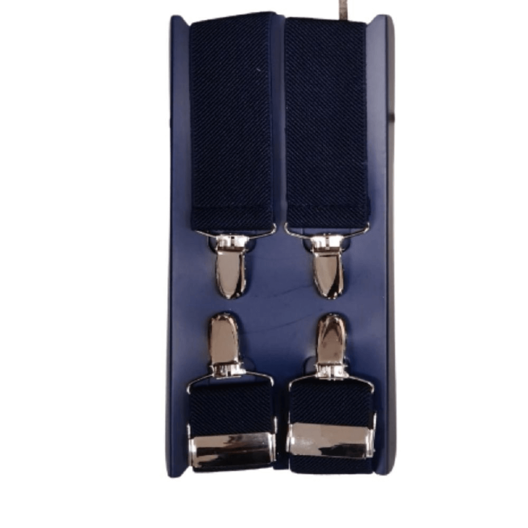 These braces have been designed with a X back, to hold up your trousers unlike the old fashioned Y back braces which pull up your pants from the middle causing discomfort. Braces are 35mm wide and are made with extra strong metal and using a strong elastic webbing material. 4 way braces are the perfect final touch to a suit or smart outfit for formals and weddings or simply just for everyday functionality. Colour is plain Navy.