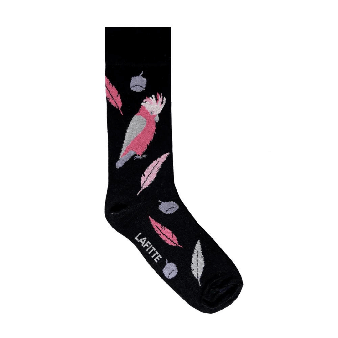 Stewarts Menswear Lafitte Australian made socks. Colour is black with pink/grey galah and feathers all over.