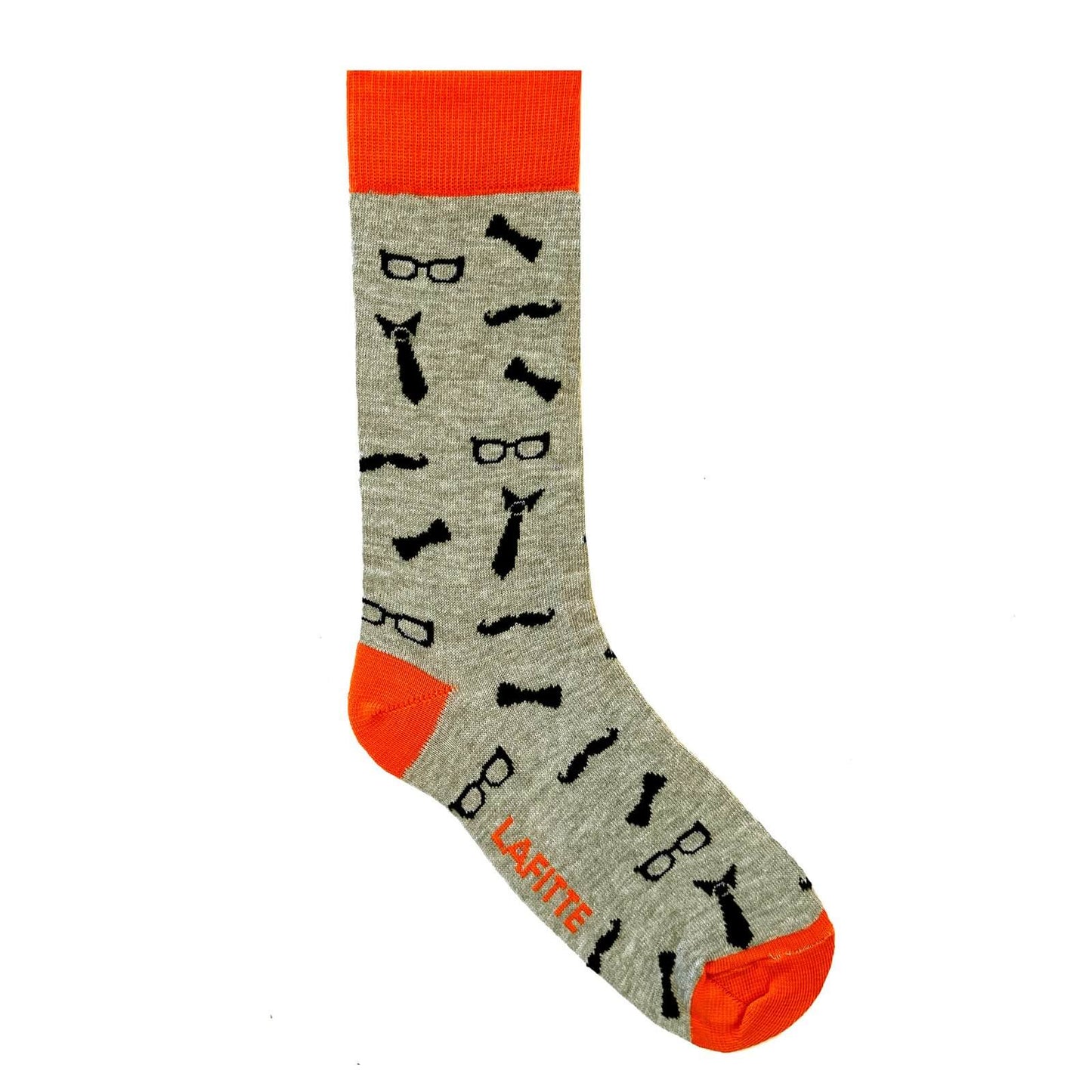Australian made novelty socks. Colour is light grey with orange trims. Prints of moustache, bow tie, glasses, necktie all over.