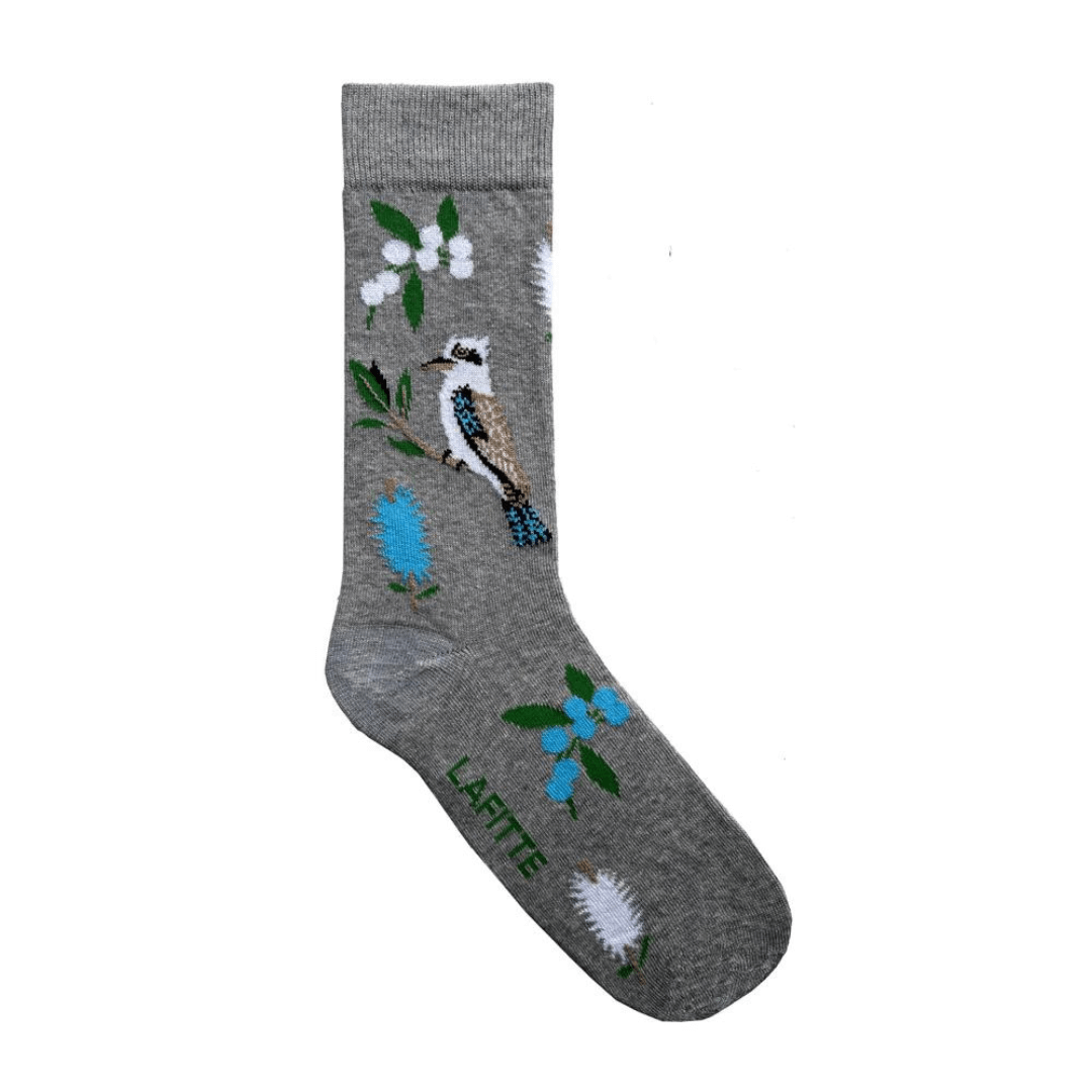 Stewarts Menswear lafitte Australian made socks. Colour is grey with kookaburra and native flowers all over.
