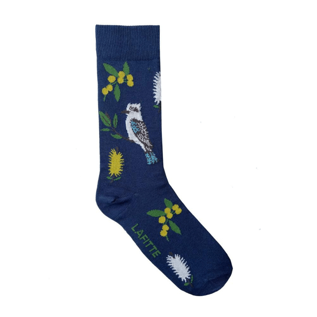 Stewarts Menswear Lafitte Australian made socks. Colour is Airforce blue with kookaburra and native flowers all over.