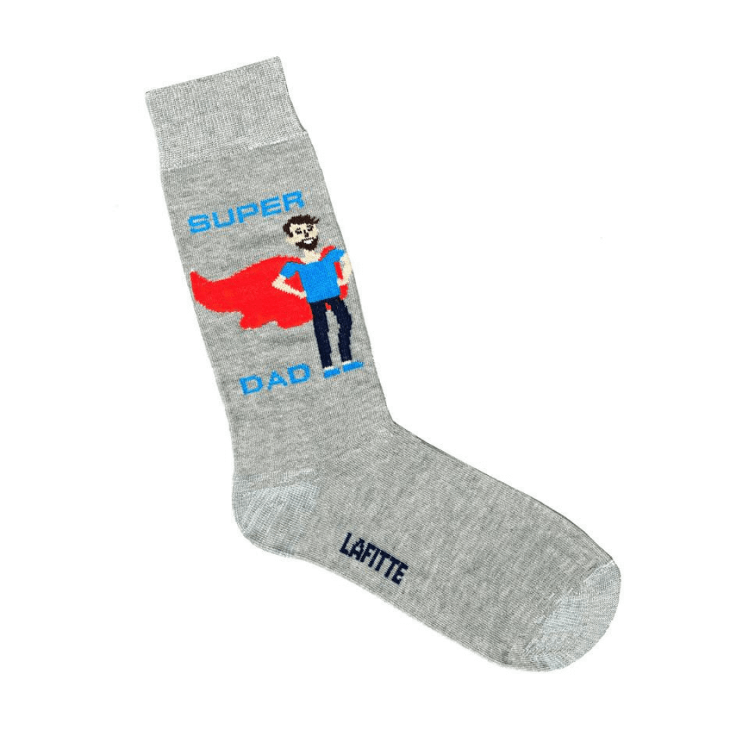 Stewart's Menswear Lafitte Australian Made novelty socks Colour is light grey. Picture of "Super Dad" (a dad wearing a cape).