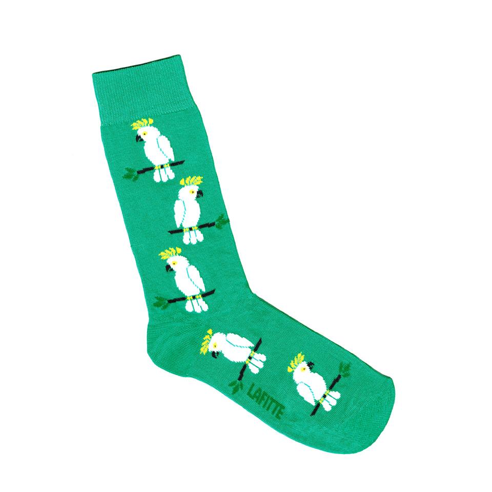 Australian Made novelty socks. Colour is Mint Green with white cockatoos all over.