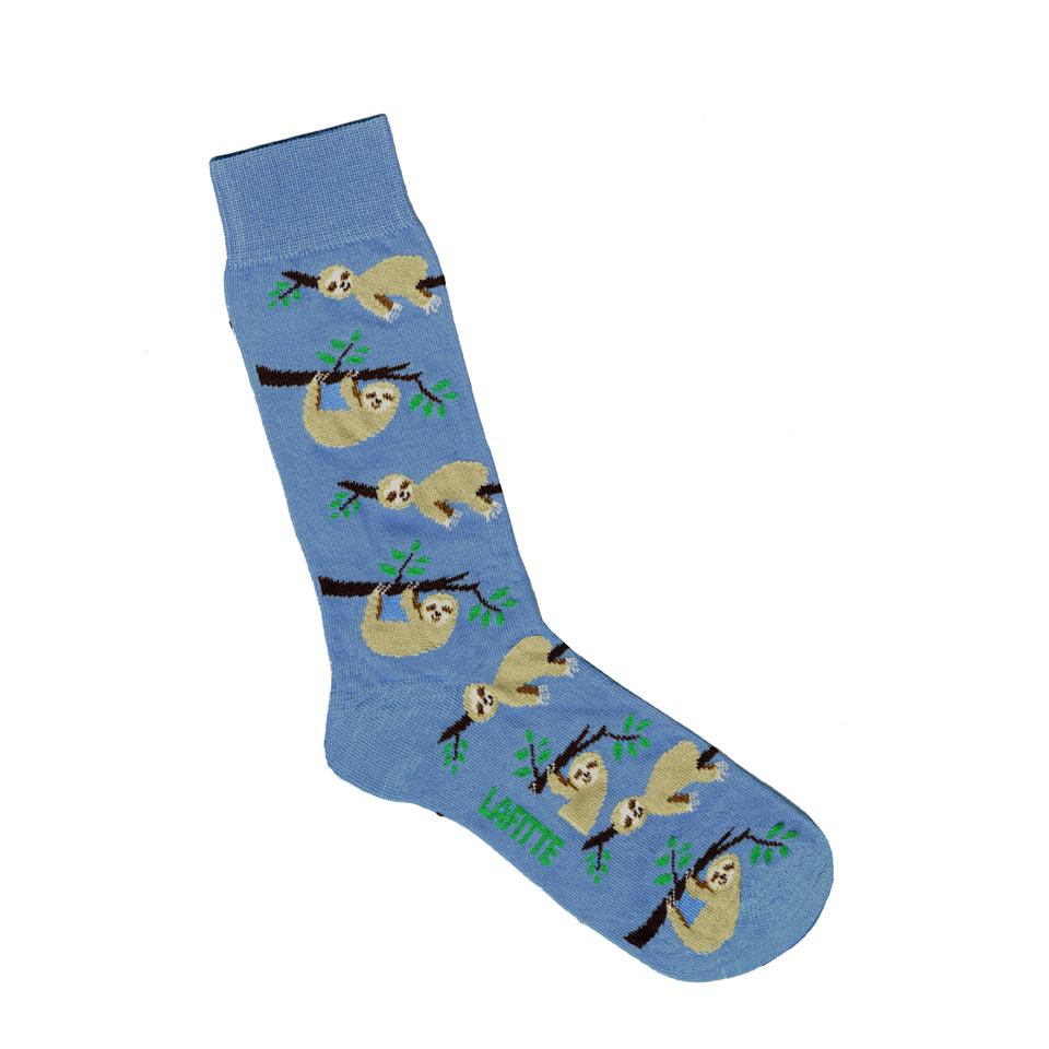 Australian Made novelty socks. Colour is light blue with Sloths all over.