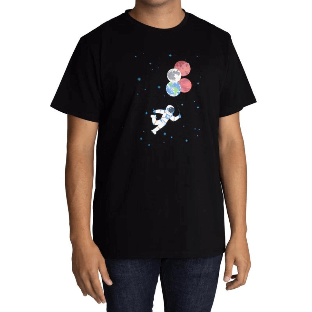 Men's cotton printed t-shirt. Totally Spaced out is a fun astronaut print with balloons  that look like planets. Printed on a black background with blue stars, it is a fun retro classic black tee-shirt.