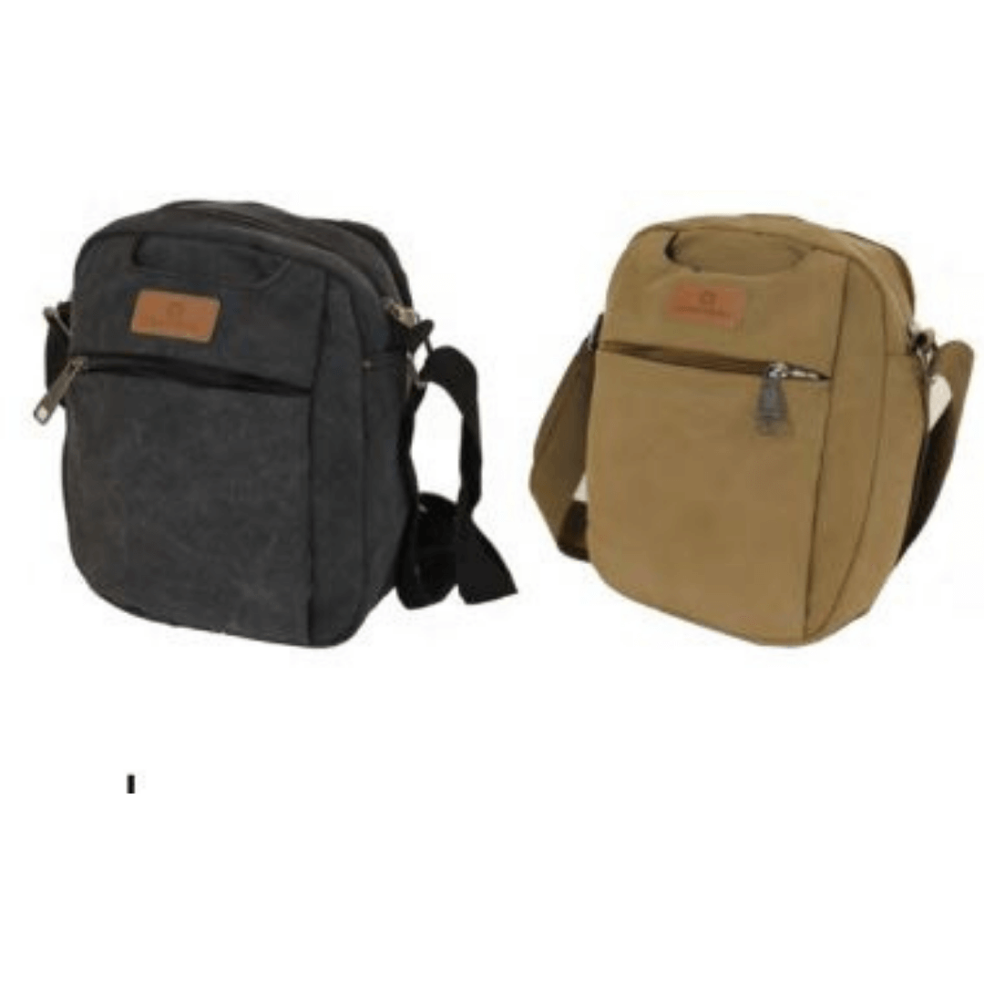Stewart's Menswear Men's Canvas Shoulder Bag. This Cross-Body Man Bag includes two large main compartments and front zippered pockets on both front and back plus it comes with an adjustable strap. Made from high-quality canvas material, it's durable, spacious, and comfortable to wear. A classic design and versatile use, this bag is the perfect addition to any outfit.