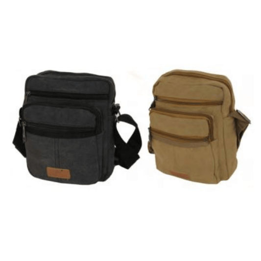 Stewart's Menswear Men's canvas shoulder bag. This Cross-Body Man Bag includes one large main compartments with three front zippered pockets and one on the and back plus it comes with an adjustable strap. Made from high-quality canvas material, it's durable, spacious, and comfortable to wear. A classic design and versatile use, this bag is the perfect addition to any outfit.