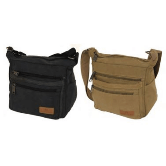 Stewart's Menswear Men's canvas shoulder bag. This Cross-Body Man Bag includes one large main compartments with three front zippered pockets and one on the and back plus it comes with an adjustable strap. Made from high-quality canvas material, it's durable, spacious, and comfortable to wear. A classic design and versatile use, this bag is the perfect addition to any outfit.