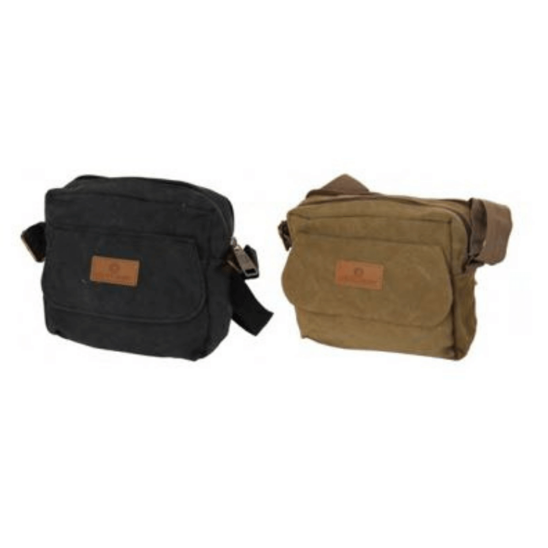 Stewart's Menswear Men's canvas shoulder bag. This Cross-Body Man Bag includes two large main compartments with a pouch on the front  and one zippered pocket on the back plus it comes with an adjustable strap. Made from high-quality canvas material, it's durable, spacious, and comfortable to wear. A classic design and versatile use, this bag is the perfect addition to any outfit.