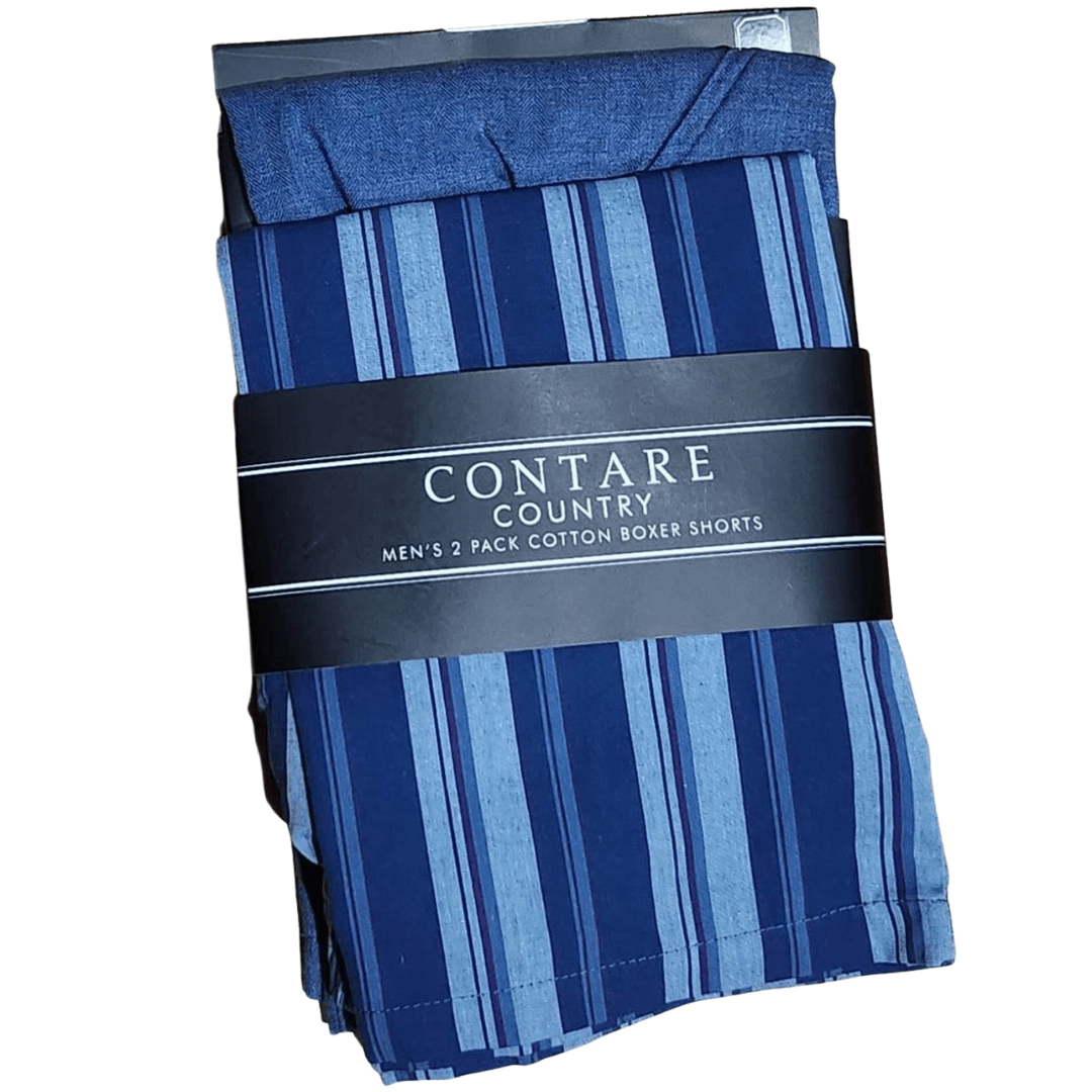 Stewarts Menswear Mens 100% cotton boxer shorts 2 pack. Display photo of 2 pack cotton boxer shorts. Brand is Contare. Colour is one pair Grey and one pair light blue/dark blue stripe.