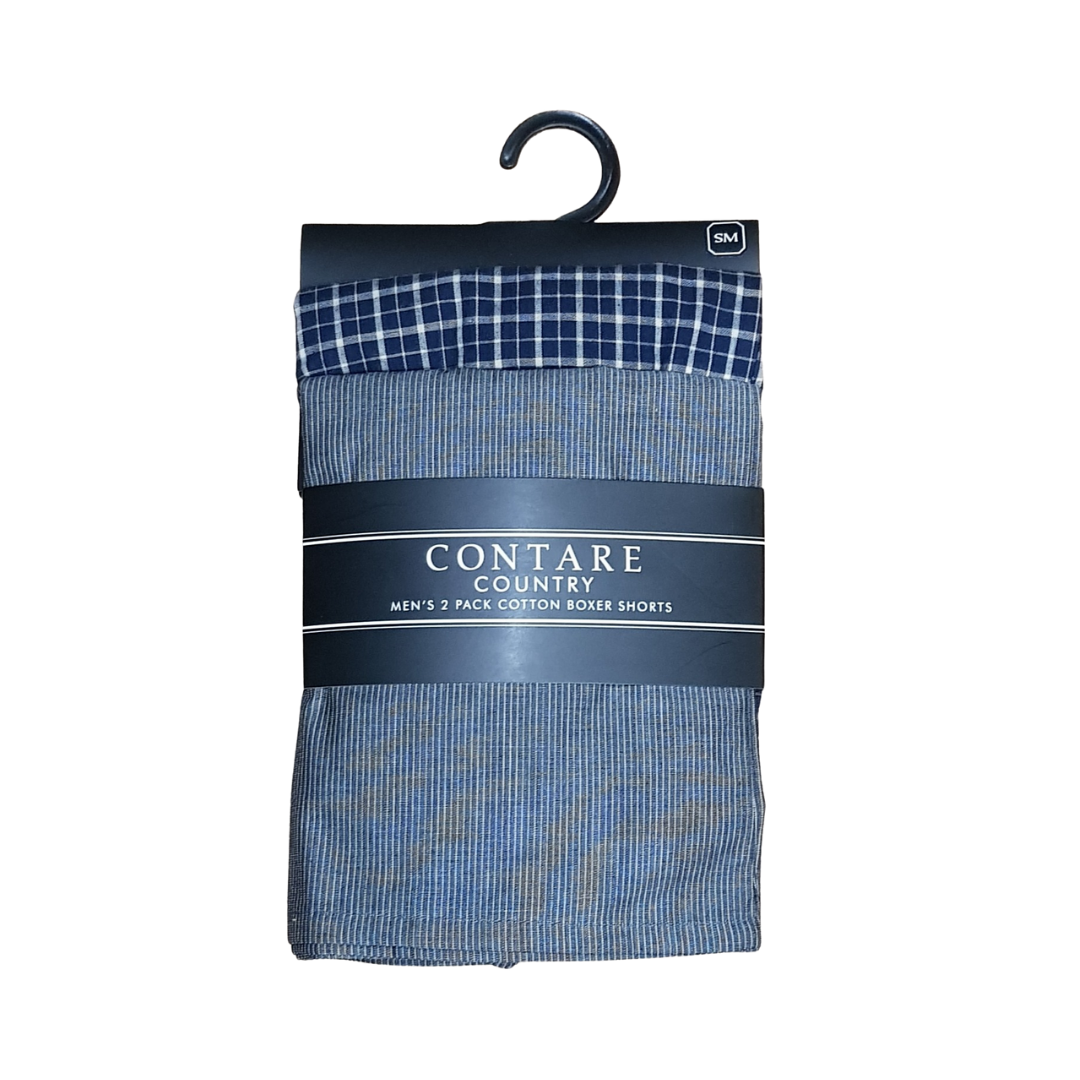 Stewarts Menswear Mens 100% cotton boxer shorts 2 pack. Display photo of 2 pack cotton boxer shorts. Brand is Contare. Colour is one pair blue/white check and one pair grey/white fine stripe.